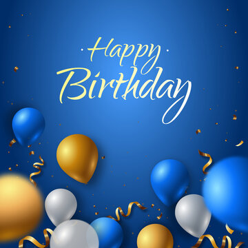 Happy Birthday Blue Invitation Card With Balloons And Confetti. Template For Birthday Celebration