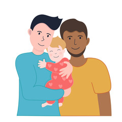 Obraz premium Vector illustration LGBT family. Two man and African American white and and child on hands.