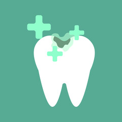 Tooth treatment vector icon. Dentistry icon. Vector icon of tooth with medicine. Tooth and medical crosses icon. Tooth healing symbol in flat style. Vector illustration.