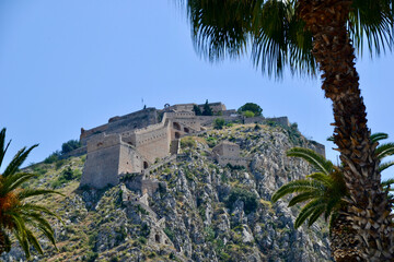Fototapeta na wymiar Fortress of Palamidi in Nafplio Greece -A Venetian-built fortress ruins set atop a hill & offering sea views, reached by 857 winding steps.