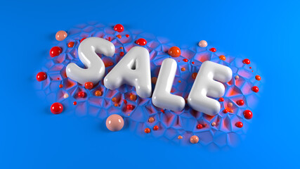 sale bright white glossy letters on a blue abstract background with spheres around. 3d illustration