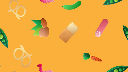 Endless yellow seamless pattern of delicious food and snack items icons set for restaurant bar cafe: nuts, cucumber, peas, carrot, sausage, bread, shrimp, pretzel. The background