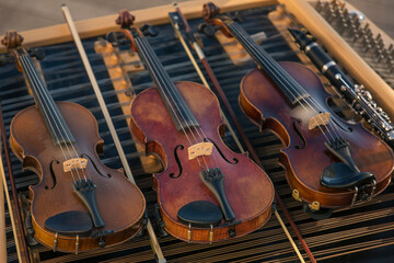 still alive view of brown violas lying on dulcimer during rest between performances of traditional Czech music band in south Moravia / Bohemia