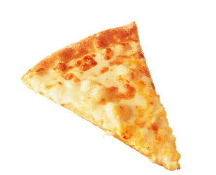 Close-up triangular slice of pizza isolated on white background.