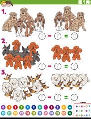 subtraction educational task with cartoon purebred dogs