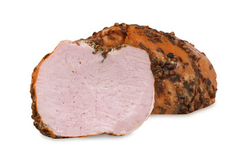 Meat, smoked ham with herbs on white background, isolated.
