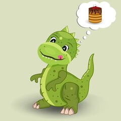 Funny dinosaur. Appetizing cake. The baby dinosaur presented an appetizing piece of cake that he wants to eat. Cartoon. Animation. Animal.Background. Isolated. Beautiful