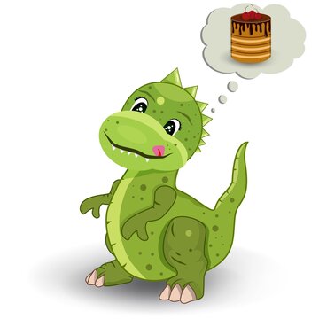 
Little dinosaur thinks about a delicious cake. Children's picture. Pie fantasies. Vector. The dragon is green. Illustration. White background