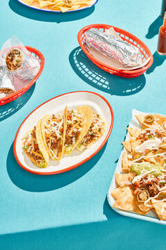 Tex Mex food on blue table