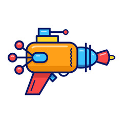 Vector illustration with one cartoon retro blaster. Yellow laser weapon on white background. 