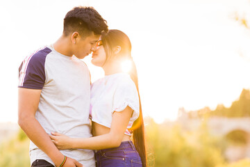 Latin bolivian and peruvian multiethnic mixed race young couple. Summer background lifestyle sunny portrait. Skin care acne dermatology