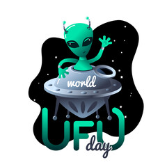 World UFO Day. A cute alien leans out of a flying saucer and waves a friendly hand. For a card, banner, poster, or web. Vector, isolated, on a white background.
