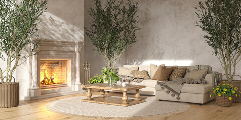 Scandinavian farmhouse style beige living room interior with natural wooden furniture and fireplace. Mock up wall background. 3d render illustration. © Viktoria Kovalchuk