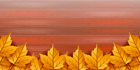 Naklejka na ściany i meble Wooden background with autumn leaves