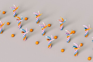 Twisted colorful pencils on grey background