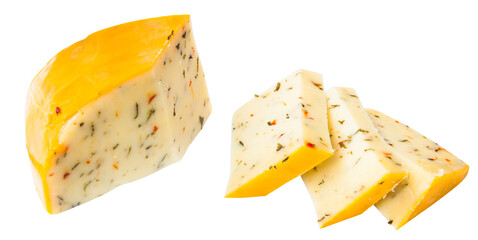 slices of gouda cheese with herbs. sliced and isolated on white background
