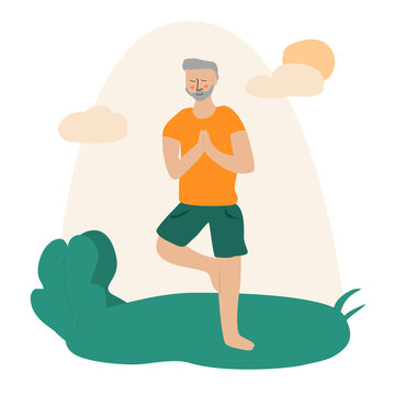 Old man doing yoga at lawn. Vector illustration for prints, posters, etc