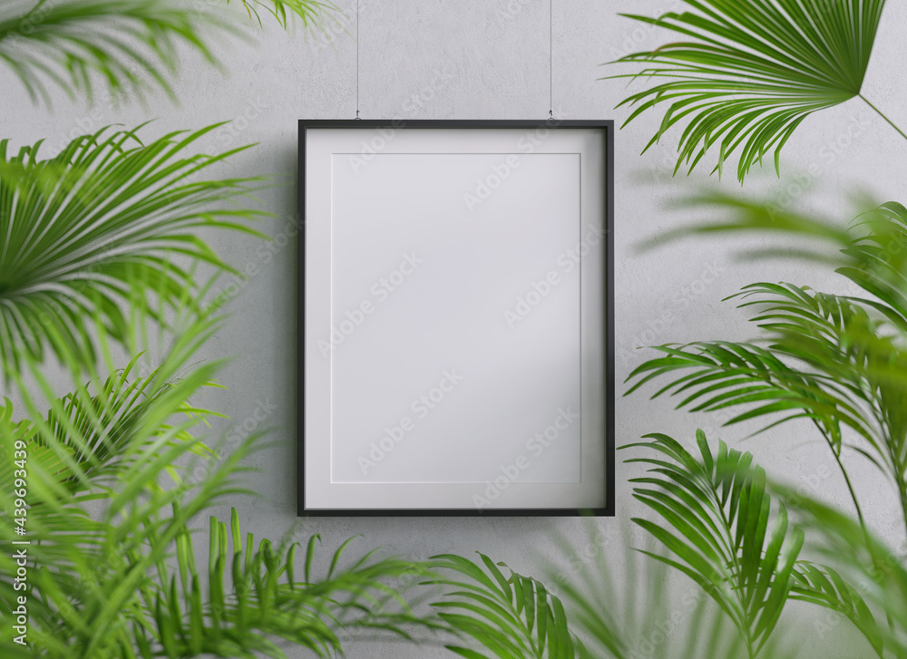 Poster blank mockup poster hanging against concrete wall surrounded by greenery. 3d render. 3d image.