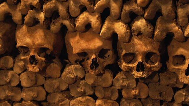 Paris Catacombs, human bones and skulls, closeup panning - Paris, France