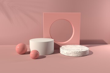 3D render of minimal podiums and geometric shapes with shadow of the tropical plants