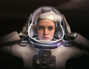 Female astronaut take over her glass helmet with dramatic lighting- 3d rendering - obrazy, fototapety, plakaty