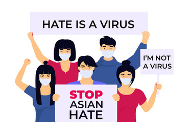 Stop Asian Hate poster. Spread awareness of Anti Racism crime and other movements. Group of protesters with banners