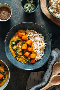 Red lentil soup with swiss chard and pumpkin