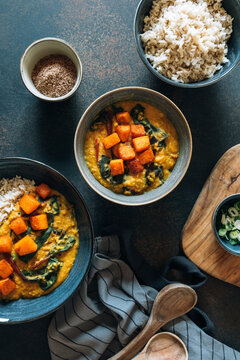 Red lentil soup with swiss chard and pumpkin