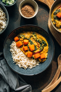 Red lentil soup with swiss chard and pumpkin