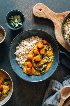 Red lentil soup with swiss chard and pumpkin