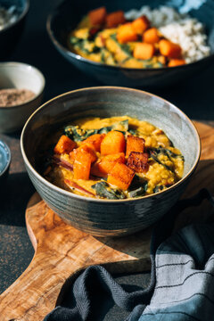 Red lentil soup with swiss chard and pumpkin