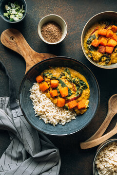Red lentil soup with swiss chard and pumpkin