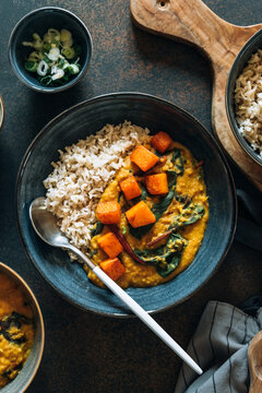 Red lentil soup with swiss chard and pumpkin