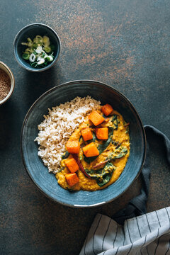 Red lentil soup with swiss chard and pumpkin