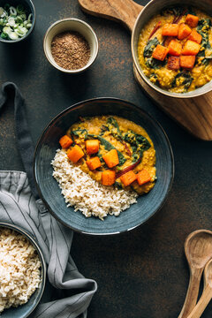 Red lentil soup with swiss chard and pumpkin
