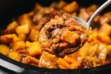 Spoonful detail of butternut squash beef stew