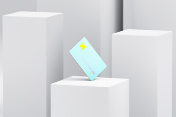Blue credit card on product display podium 