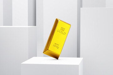 Gold bar bullion as cast bar on a display podium