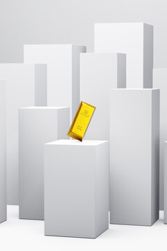 Gold bar bullion as cast bar on a display podium