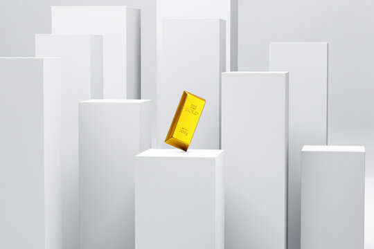 Gold bar bullion as cast bar on a display podium
