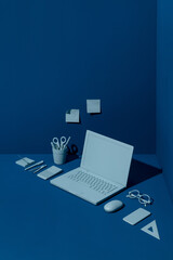 top view of a work corner in blue tones.