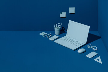 top view of a work corner in blue tones.