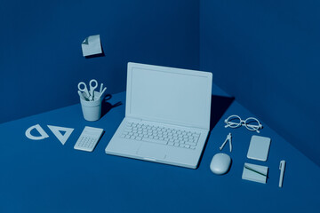 top view of a work corner in blue tones.