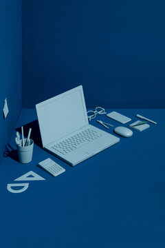 top view of a work corner in blue tones.