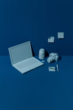 top view of a photographer work corner in blue tones.