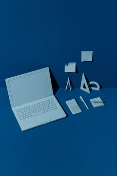 Still life of technical drawing objects in blue tones
