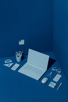 top view of a work corner in blue tones.
