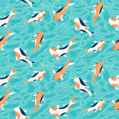 Fototapeta premium Realistic detailed hand drawn seamless pattern with golden and black koi carps on background of clear blue water waves for textile or paper print. Flat vector illustration.