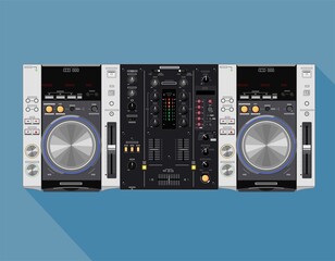 The DJ table is equipped with a compact mixer and small CDJ players. Material for design of club poster. Equipment for the visualization of T-shirts. Realistic and detailed replica of DJ equipment.