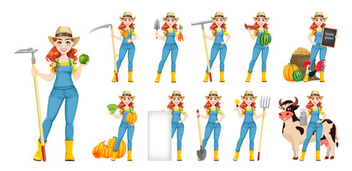 Beautiful woman farmer, set of eleven poses